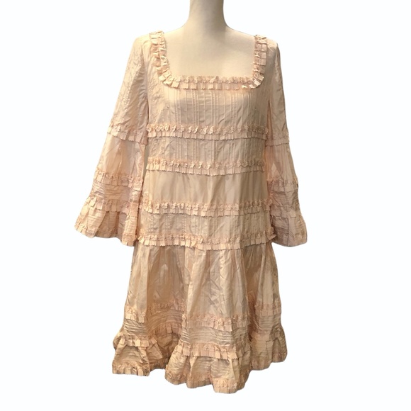 BLUMARINE PINK/PEACH SILK DRESS WITH FLOWERS, RUFFLES & PLEATS SIZE USA 8 - Picture 1 of 14